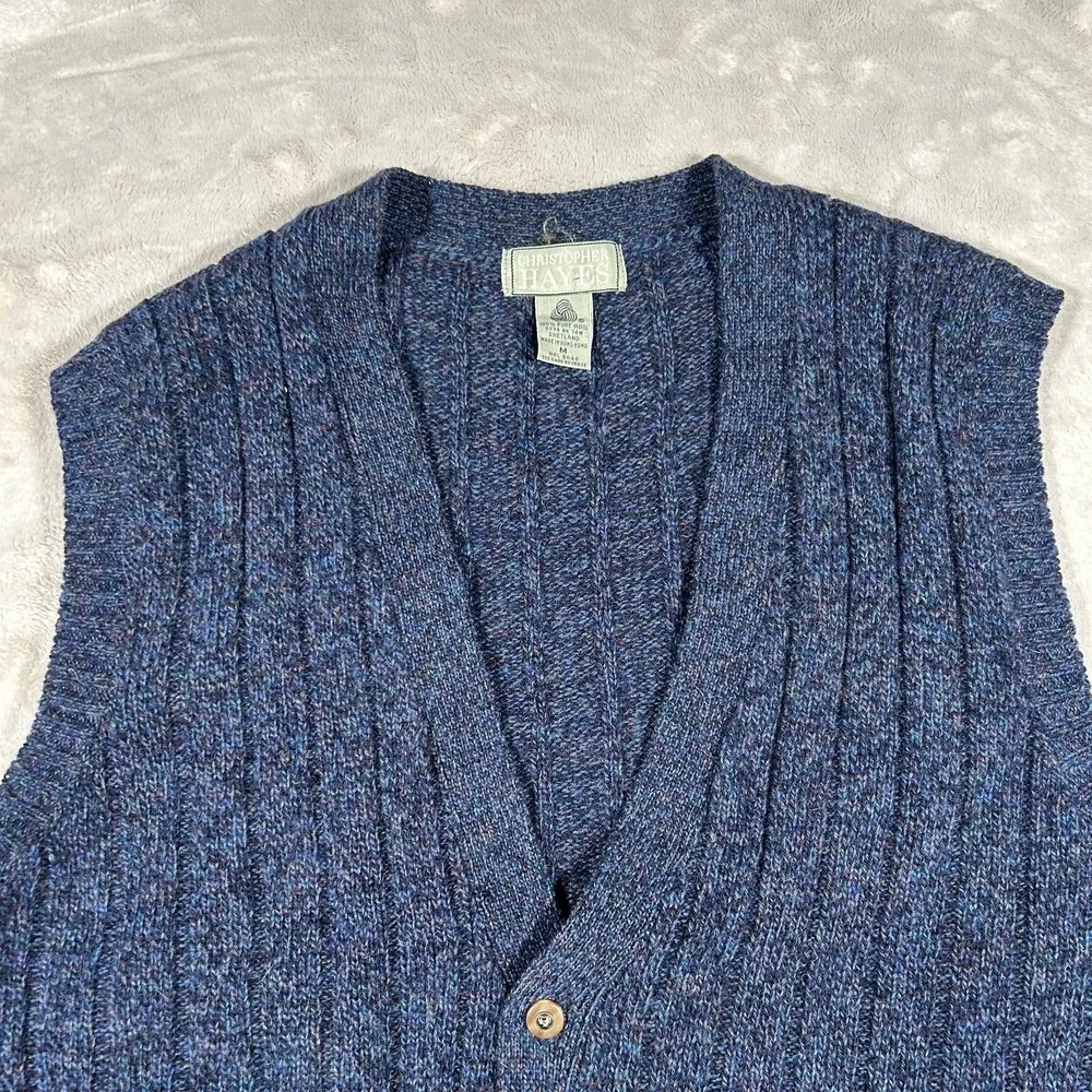 Vintage Christopher Hayes 100% Shetland Wool Vest Men L Blue Chunky Knit Grandpa